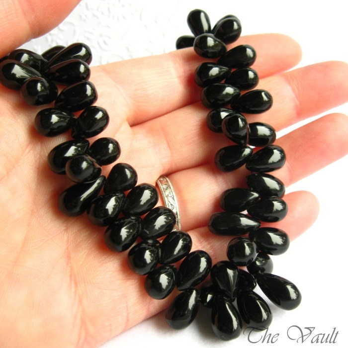 Black Onyx drop briolettes, 10mm - 13mm, 6 gemstone beads