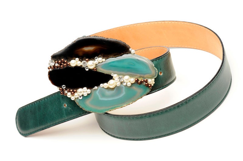 Jeweled belt buckle in agate and pearls with genuine leather belt - Holiday sale - Regular price 340.00 USD reduced to 290.00 USD