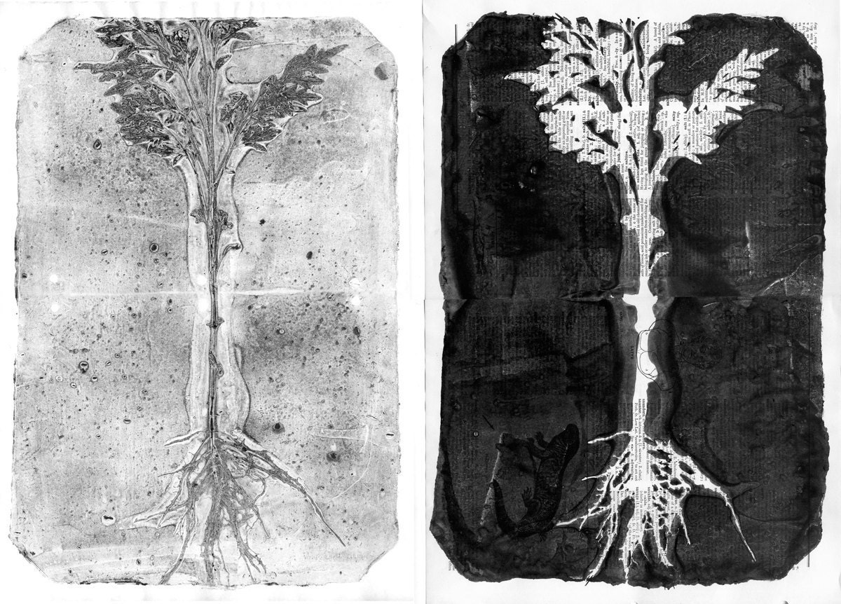 ooak Monotypes: pair of Botanical Silhouettes on Vintage Dictionary Sheets and Rice paper