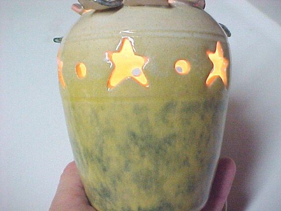 Small Lamp Star Cutouts Dogwood Pottery Nightlight Handmade Yellow White Pink Green