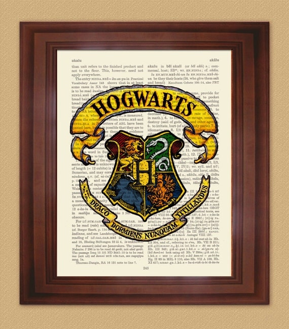Harry Potter Hogwarts Symbol Dictionary print, Mixed Media art, Vintage upcycled page book art print size 6.5" x 9.5" Hogwarts crest logo