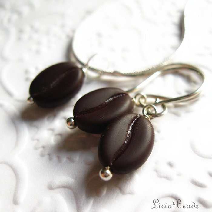 Dark Roast - Coffee bean pendant necklace and matching earrings