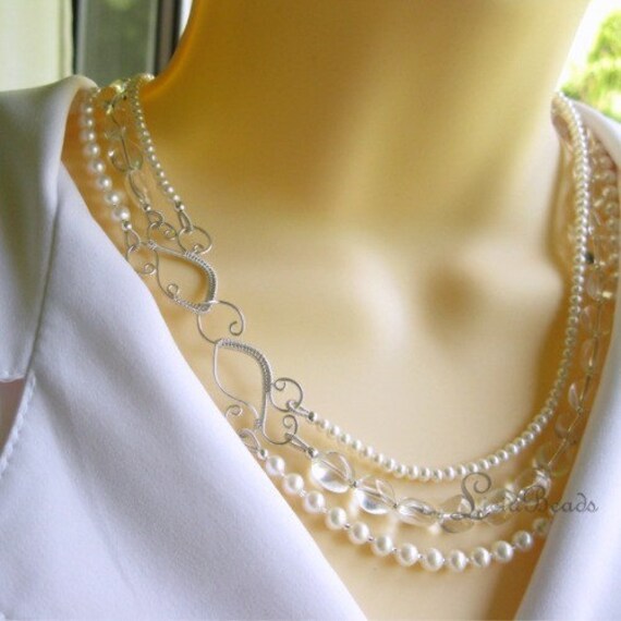 Three strand layered freshwater pearl and gemstone necklace with Quartz nuggets and sterling silver