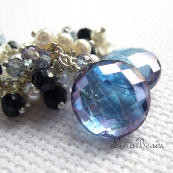 Gemstone dangle earrings with cluster of freshwater pearls, black spinel and blue quartz