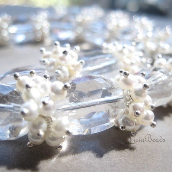 In pearls - Chunky Gemstone Statement necklace with quartz and freshwater pearl clusters