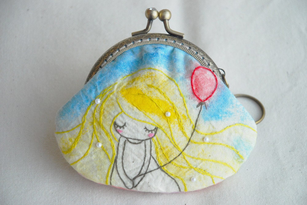Girl with Red Balloon Vintage Embroidery Purse (Metal Frame)