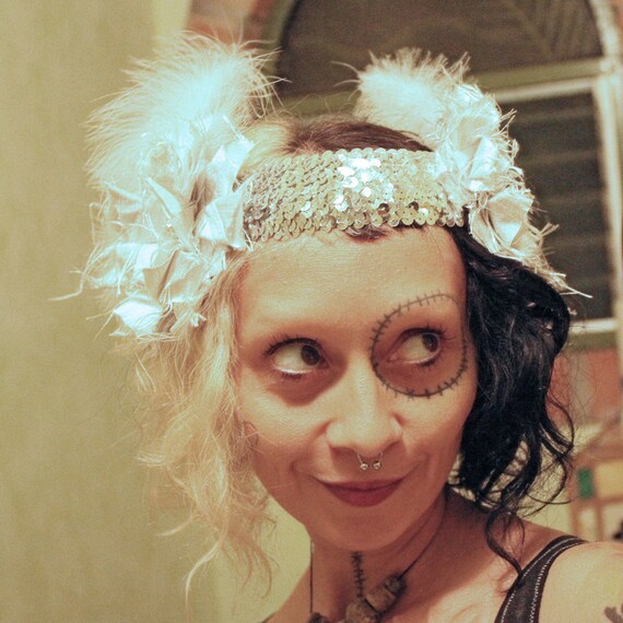 Snow White Headband Belly Dance Silver Silk Flowers White Feathers Noir 1920s Headpiece Gothic Gypsy Headdress