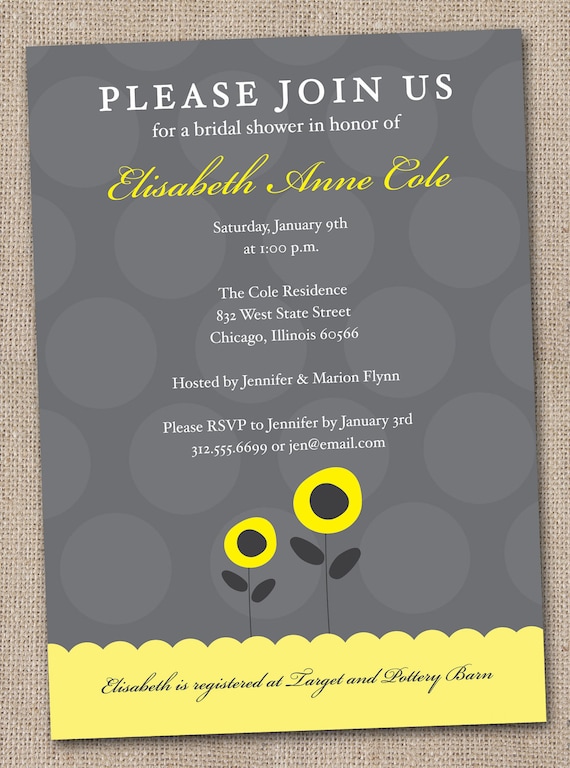 Printable Bridal Shower Invitations Grey and Yellow Poppy Flowers and Polka 