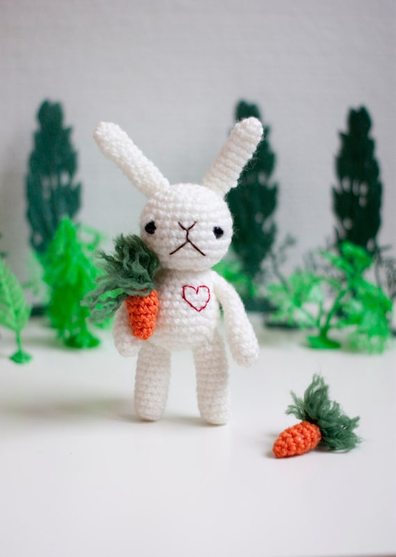 Amigurumi, soft toy, soft sculpture bunny - Bianca the white carrot farmer bunny