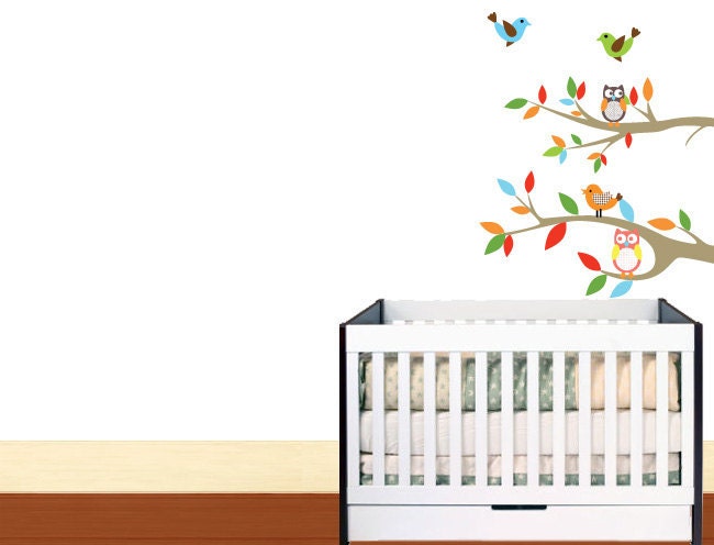 Wall Decal Branch With Owl and Birds  Nursery Baby Girl Baby Boy