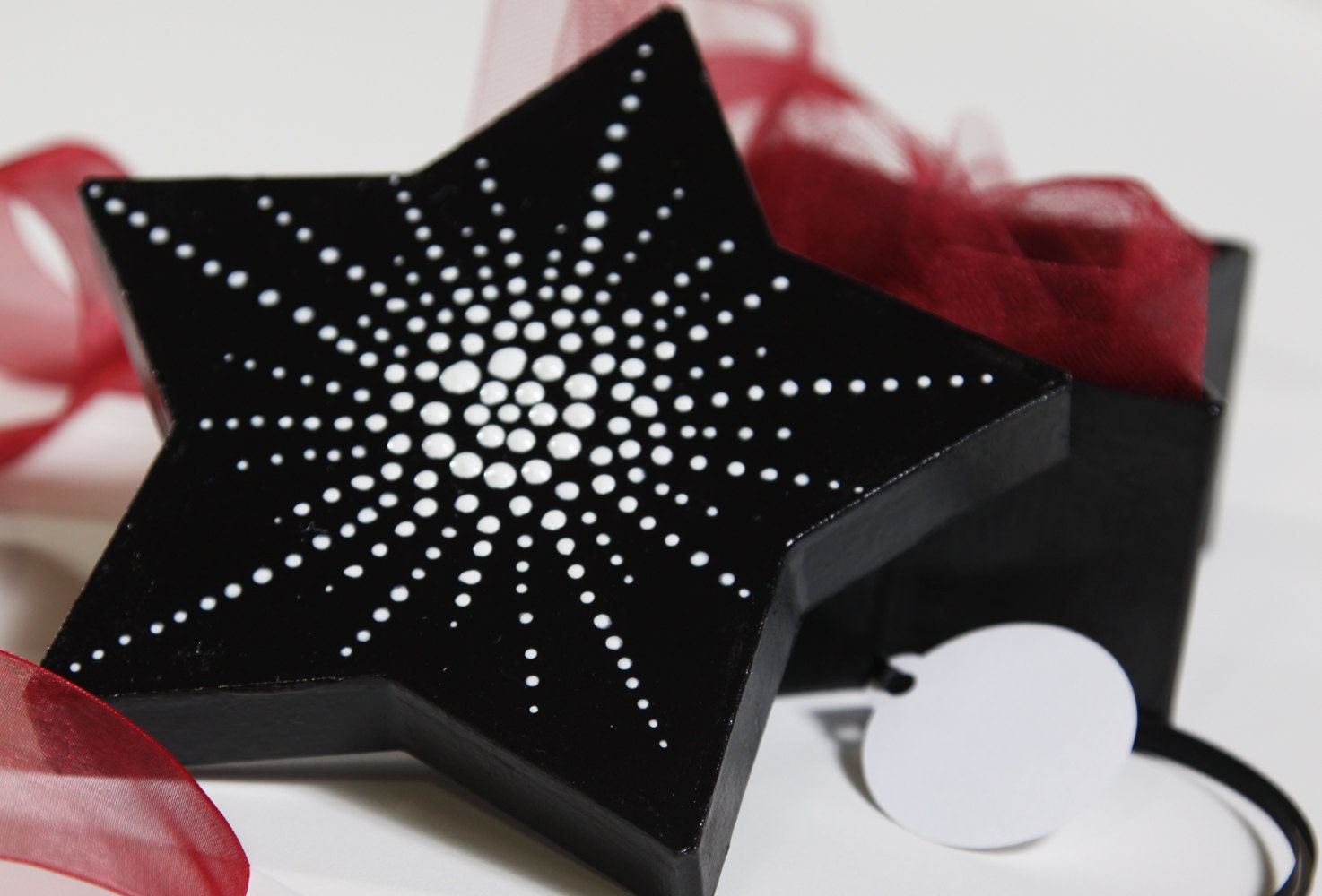 Star Gift Box Set - Hand Painted Black and White with Wine Red Ribbon