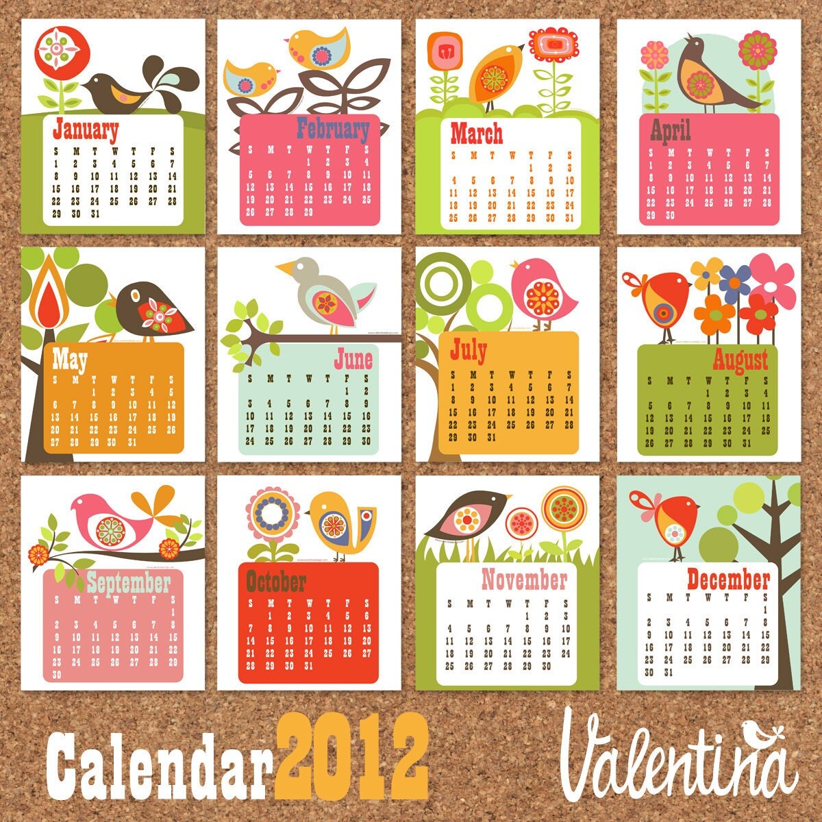 Birds in the Tree Calendar 2012  printable PDF files