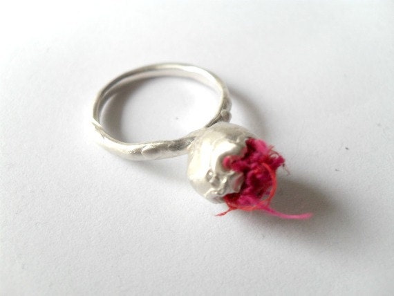 Sterling Silver Ring- Hand Sculpture -Red Silk Pod - Unique