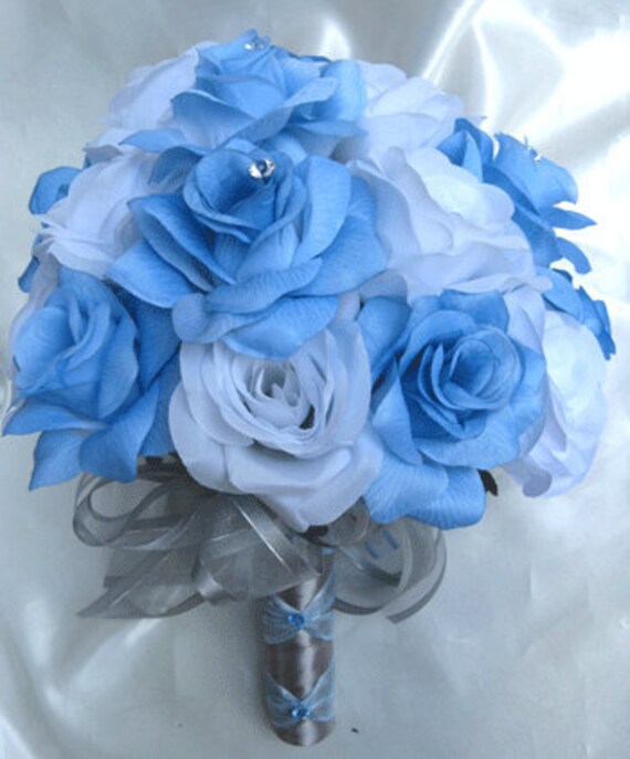 Wedding bouquet Bridal Silk flowers BLUE SILVER WHITE Bridesmaids