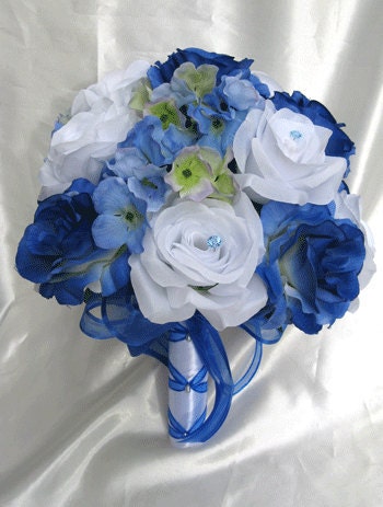 Wedding bouquet Bridal Silk flowers ROYAL BLUE WHITE Periwinkle Decorations 