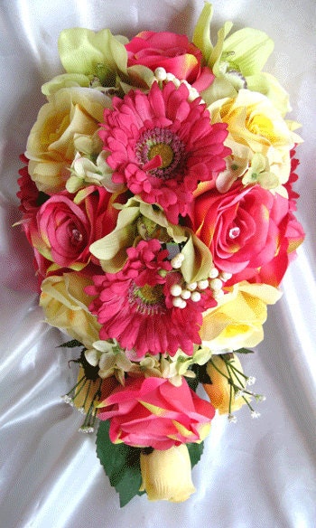Bridal bouquet PINK YELLOW GREEN Daisy Orchid wedding flowers Bridesmaids 
