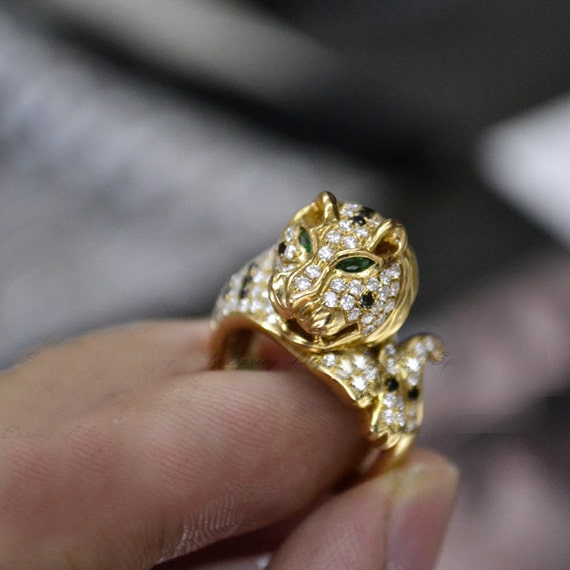 Engagement Ring - Jaguar Ring With Emerald, Diamonds, 14K Gold