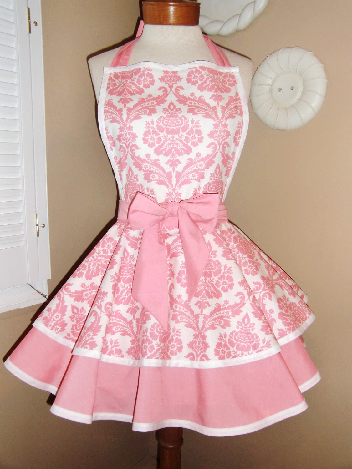 Pink Damask Print Womans Retro Apron With Tiered Skirt And Bib