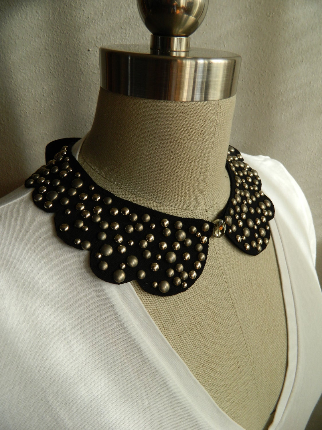 LAST ONE in STOCK this color/studs- 2 Sided, Studded Scallop Peter Pan Collar Necklace with Satin Bow or Rhinestone Front Embelishment