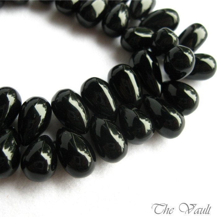 Black Onyx drop briolettes, 10mm - 13mm, 6 gemstone beads