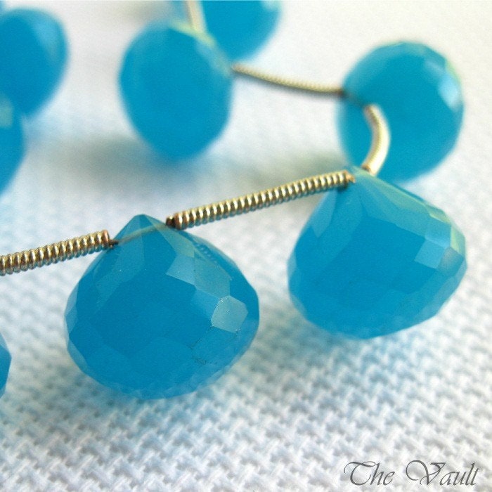 Blue Chalcedony onion faceted briolettes, 12mm, matched pair, last ones