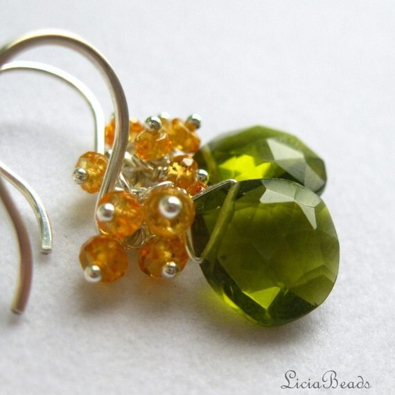 Mandarin Martini - Spessartite Garnet and Olive Quartz cluster earrings