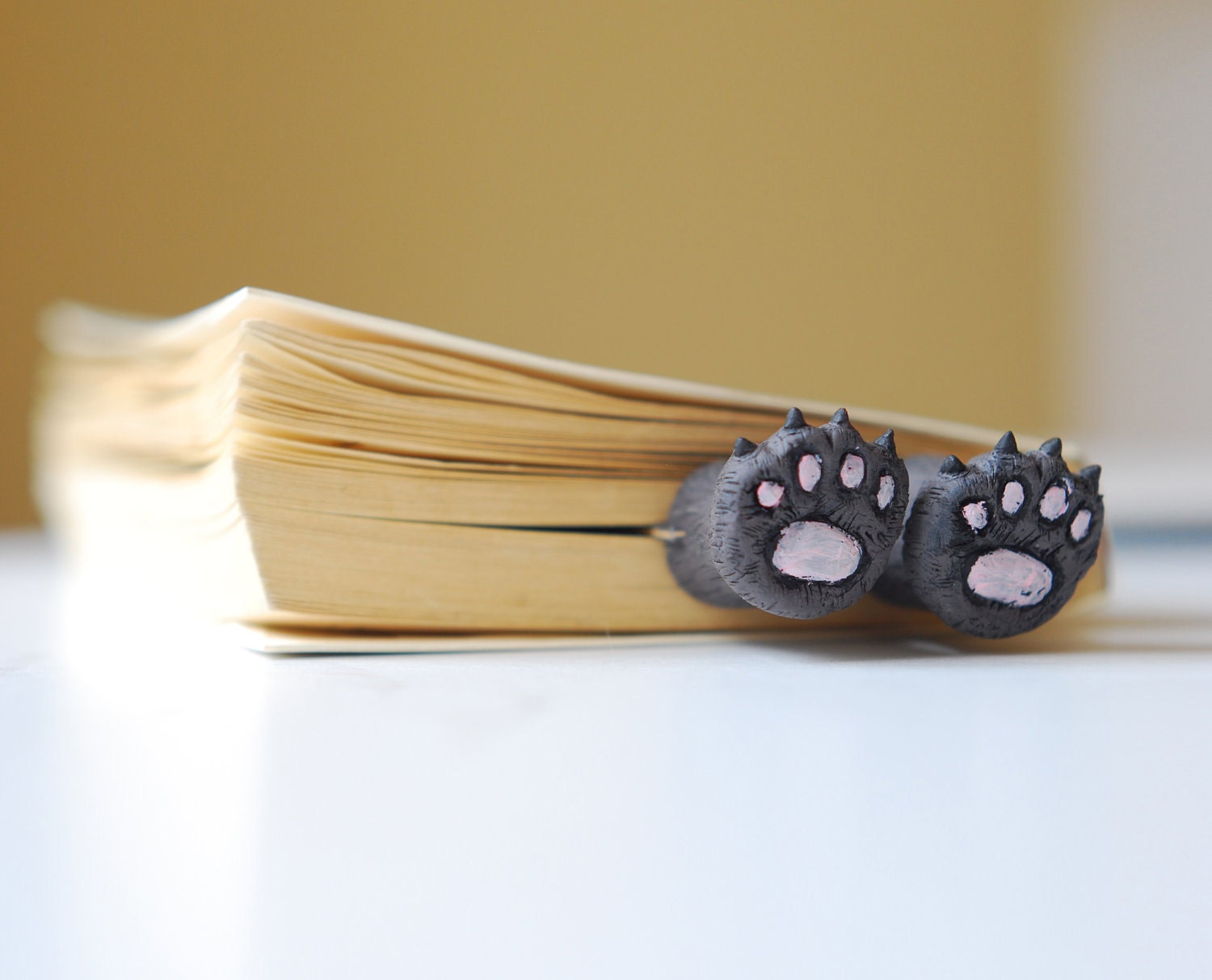 Cats paws in the book. Bear paws.  Unusual art bookmark. Funny Valentine's day gift.