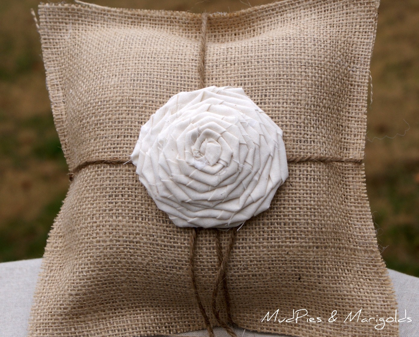 Burlap Ring Bearer's Pillow with Large Rosette, white, rustic, shabby chic, beach, garden, outdoor, farmhouse, country, woodland