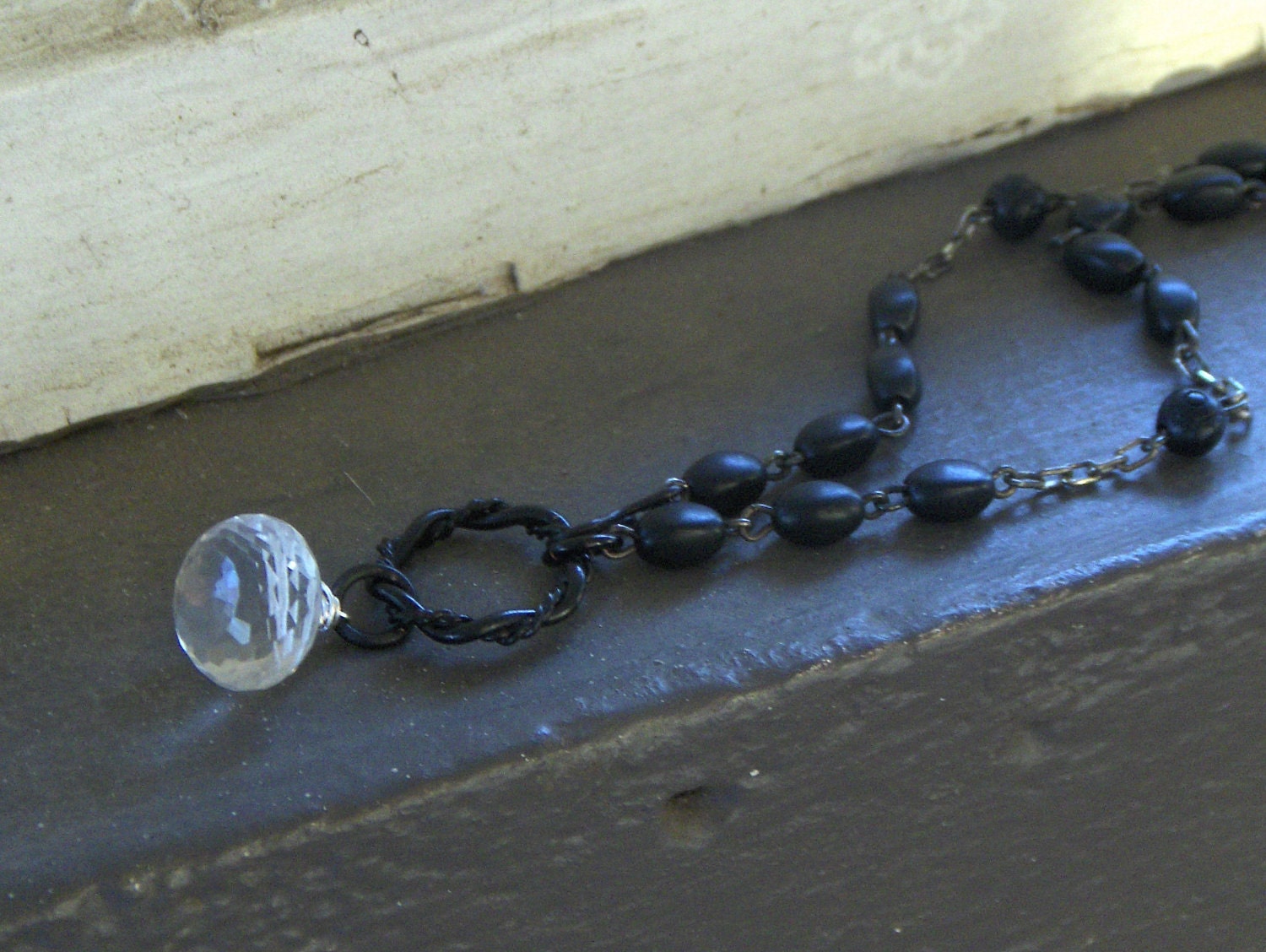 Hallowed be thy name. Crystal Quartz Onion Briolette and vintage rosary upcycled necklace