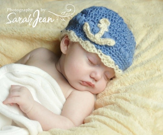 Baby Crochet Hat LIttle Sailor Anchor in Wool Bamboo