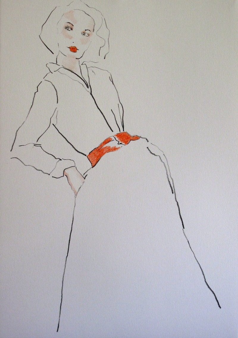 The Red Belt ORIGINAL FASHION ILLUSTRATION Vintage Inspired