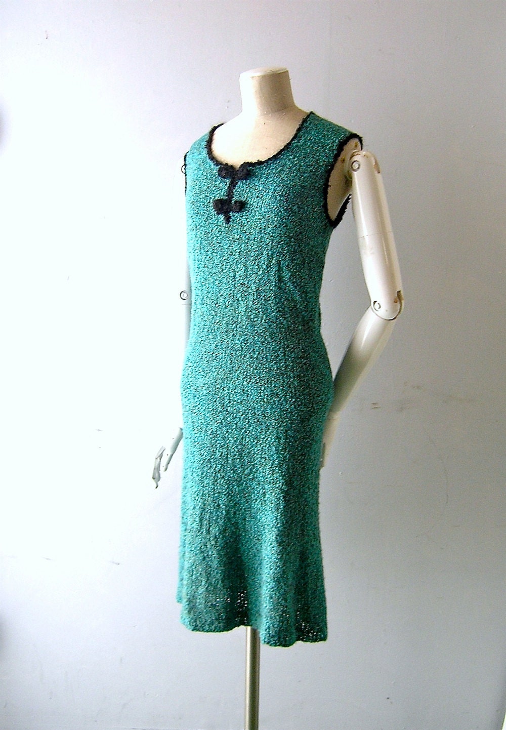 Teal dress - 50s hand knit sleeveless style -size 4/6 turquoise aqua teal - Mad Men era unknown designer craft