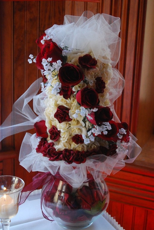 Silk Wedding Cake Table Centerpiece Red and Ivory Roses with Veiling