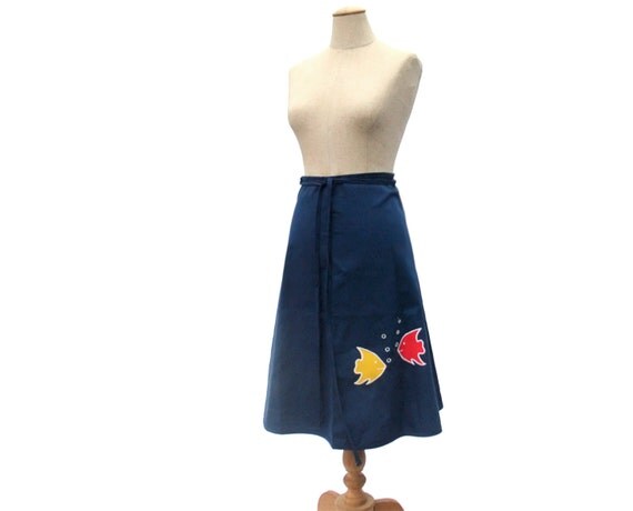 Vintage 1970s Wrap Skirt Fish Applique Navy by mysweetiepiepie
