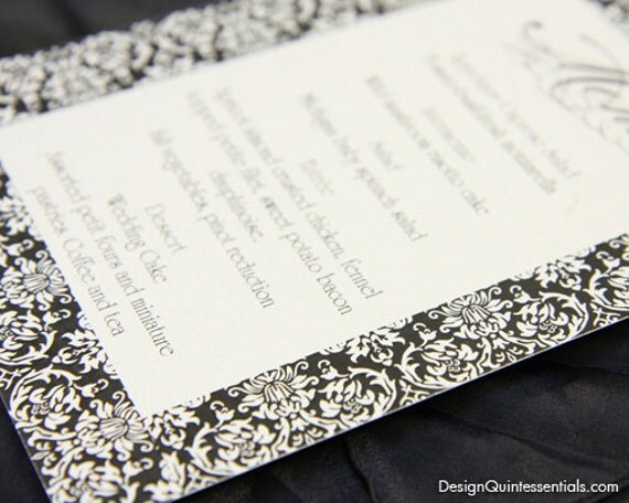 Damask Pattern Wedding Menu Card Black Silver From designquintessential