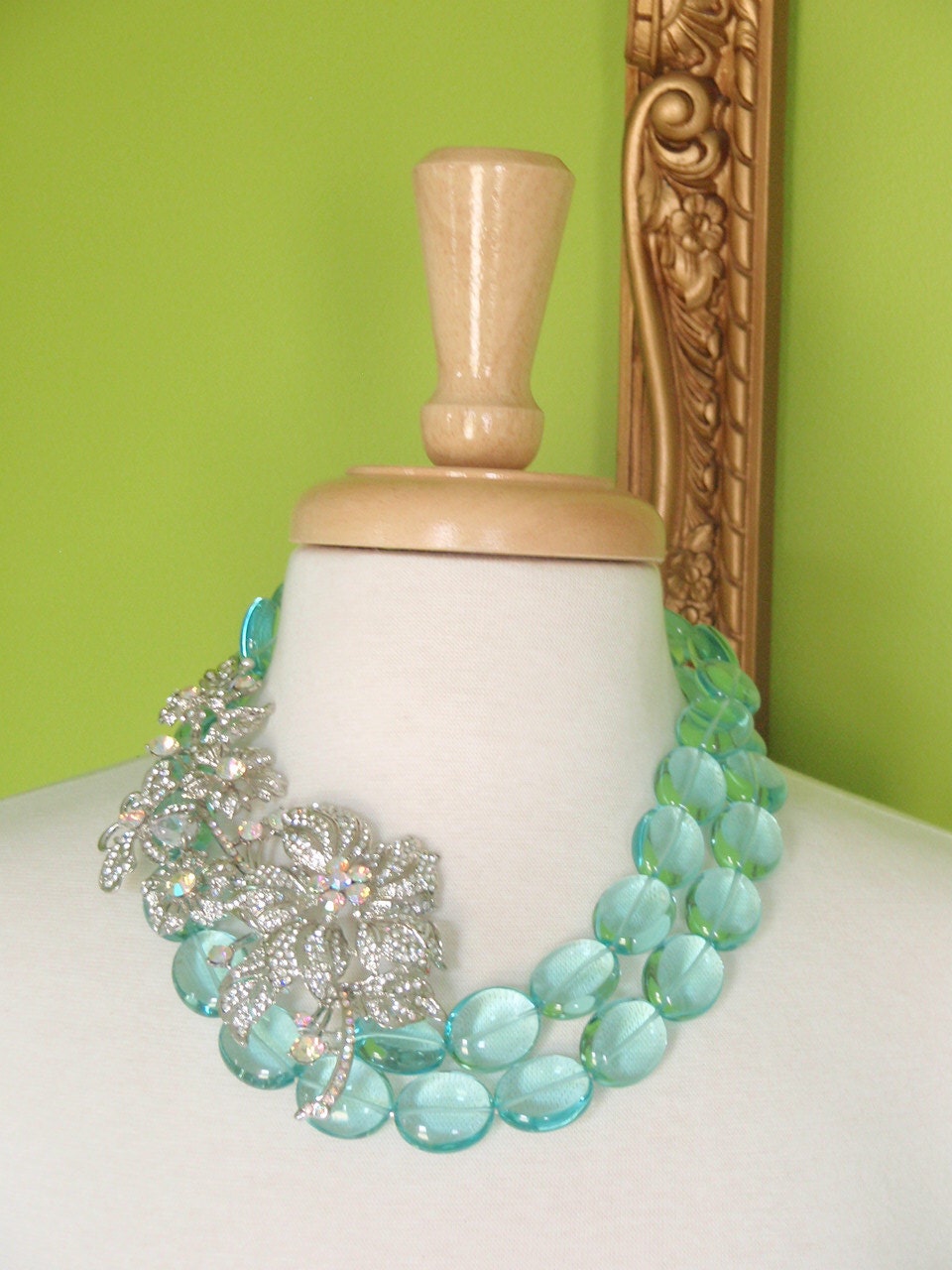 MADELYN - Double Strand Aqua Glass with Crystal Brooch Necklace