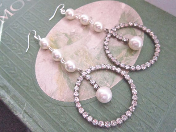 Bridal Earrings, Vintage, Rhinestone Earrings, Hoop Earrings, Pearl, Ivory, Extra Long