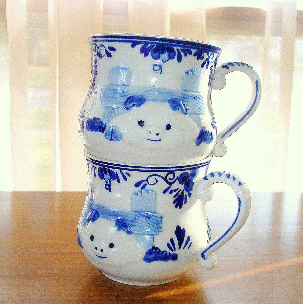 Vintage 'Piggie" Cups, Delft Blue Chinaware
