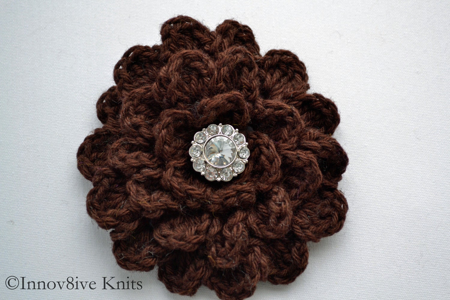Crochet Flower Hair Clip With Rhinestone Center In Coffee Chocolate Brown Made From a Cotton and Linen Blend Yarn