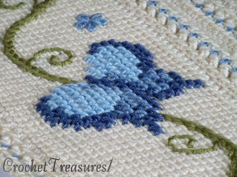 Butterflies and Forget-me-nots Throw / new / handmade / afghan blanket / decorative / blue / cream / butterfly / cross-stitch / baby / soft