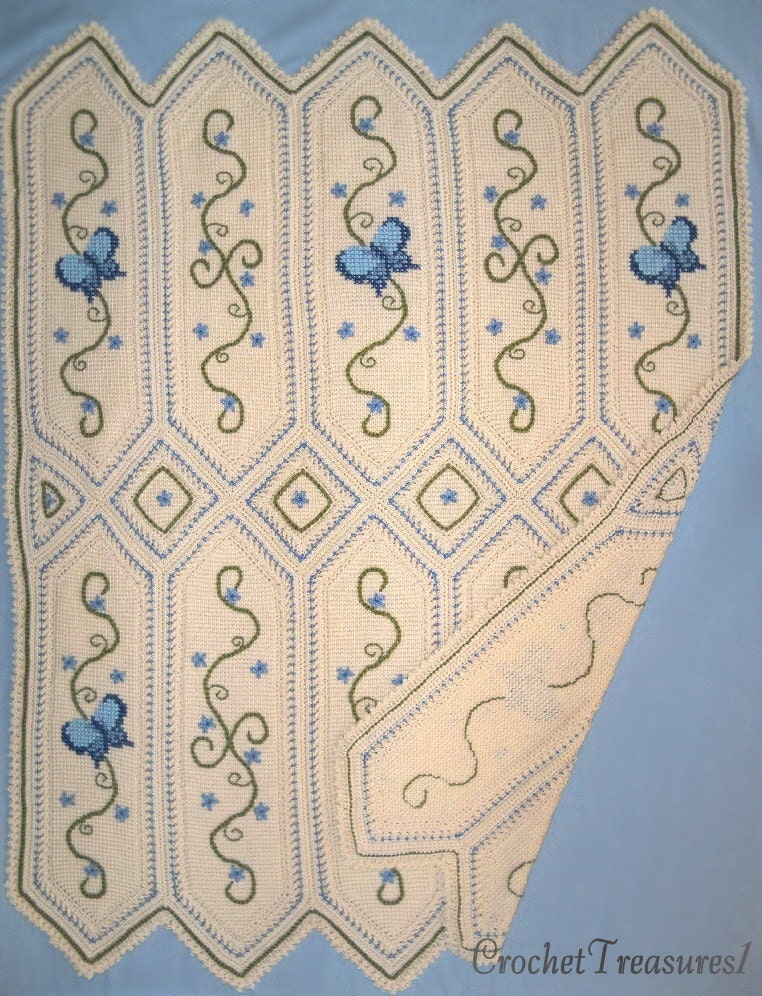 Butterflies and Forget-me-nots Throw / new / handmade / afghan blanket / decorative / blue / cream / butterfly / cross-stitch / baby / soft