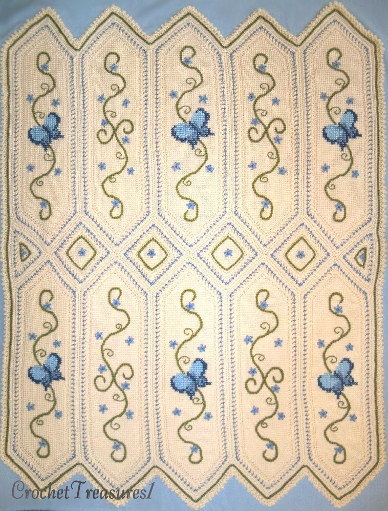 Butterflies and Forget-me-nots Throw / new / handmade / afghan blanket / decorative / blue / cream / butterfly / cross-stitch / baby / soft