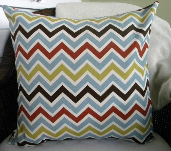As Seen in HGTV MAGAZINE -  Decorative Pillow Cover - Chevron Stripe - French Blue, Brown, Chartreuse - 18 " Square