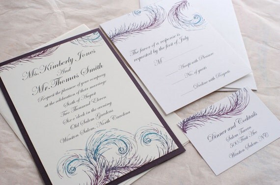 Save the date card with feather motif in purples and blues