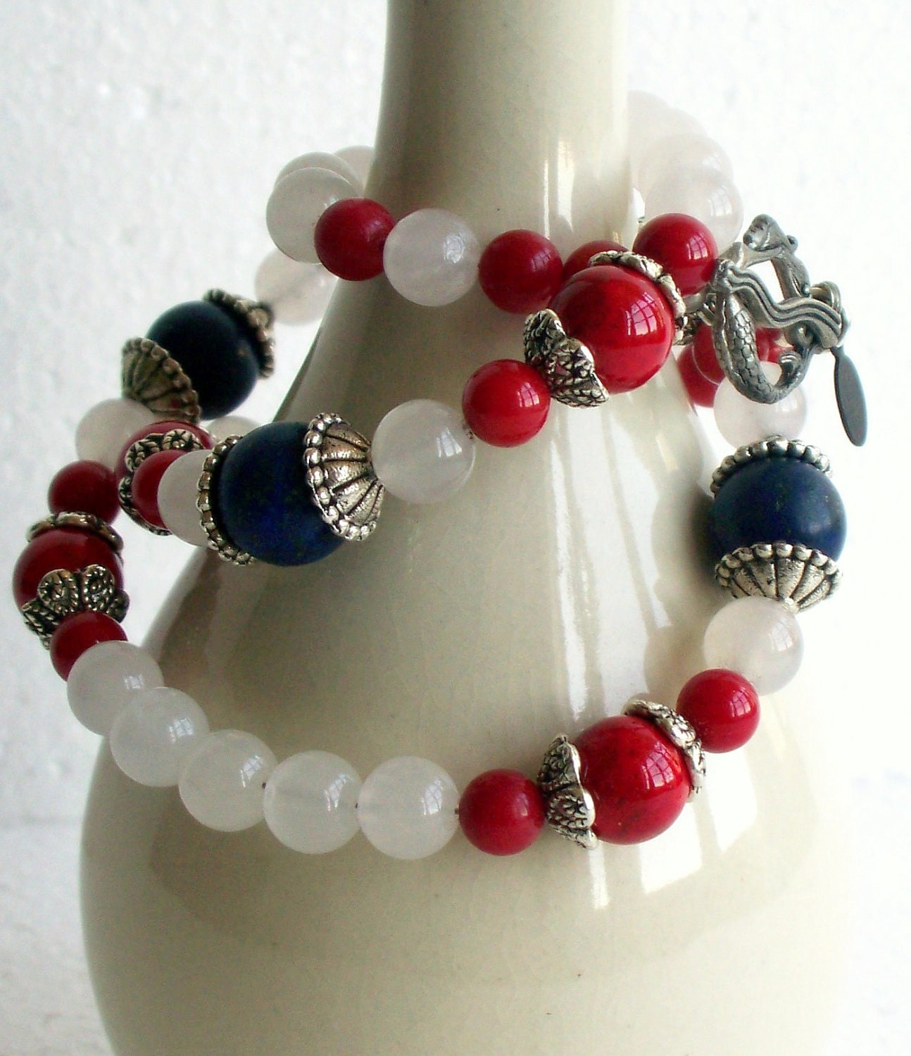 Red Coral, White Snow Quartz and Blue Lapiz Necklace - FREE SHIPPING