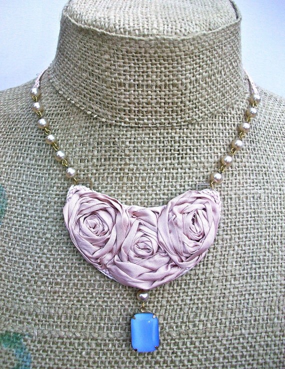 Angel Kiss- sweet necklace with trio of Silk Roses, Vintage Blue Glass drop, Vintage Glass pearls, and braided Satin ties.