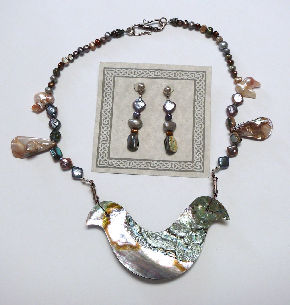 Abalone and pearl necklace and earring set