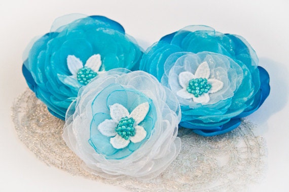 Water Lilies Light Blue Organza Flower Hair Clips 3 pcs Bridal Hair 