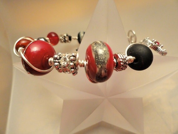 Wicked Heart Red & Black Bracelet Wire Wrapped Argentium Silver