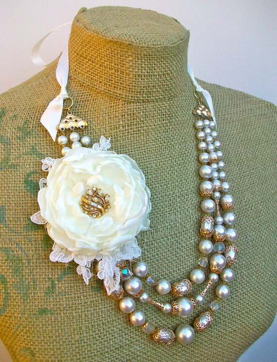 Wintertide-  tie necklace with Vintage beads, and handmade flower